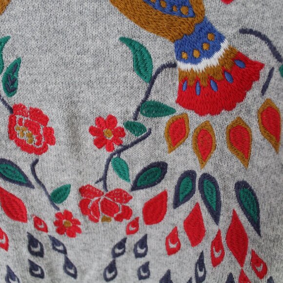 Loft Gray Embroidered Peacock Crew Neck Bell Sleeve Pullover Sweater Size S - Picture 7 of 7
